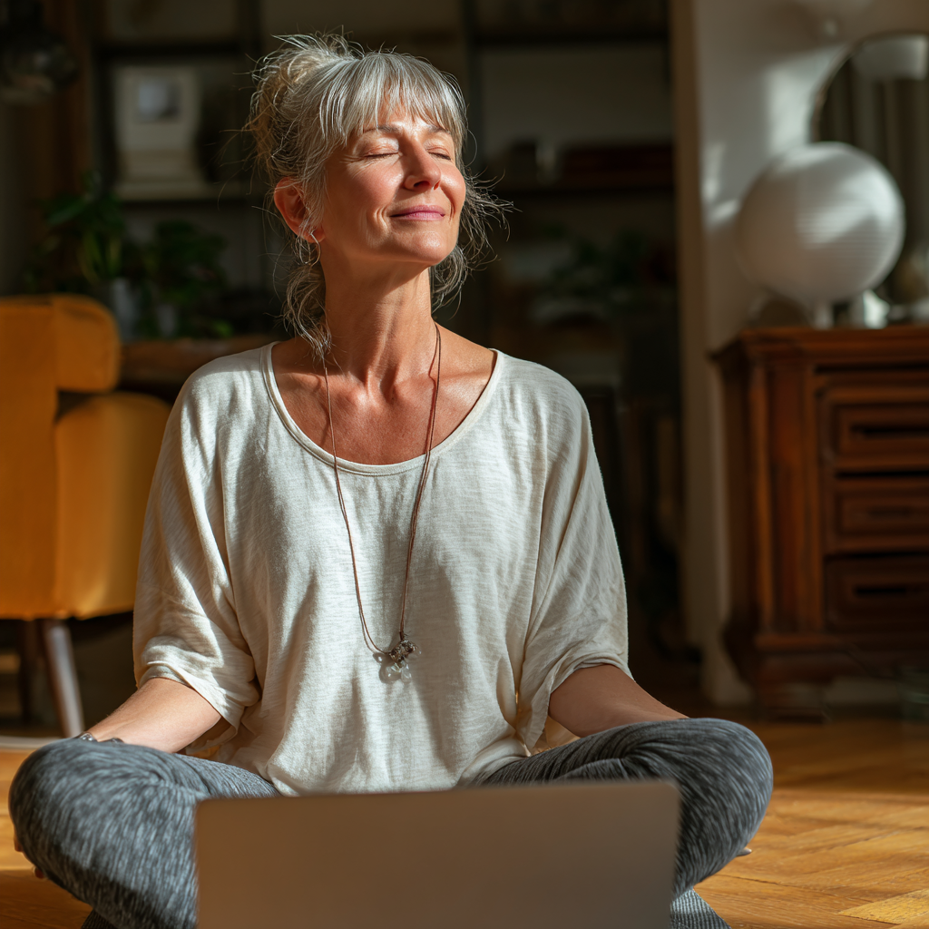 Жена на 52 години практикува йога у дома пред лаптоп, участвайки в онлайн урок с усмивка и концентрация