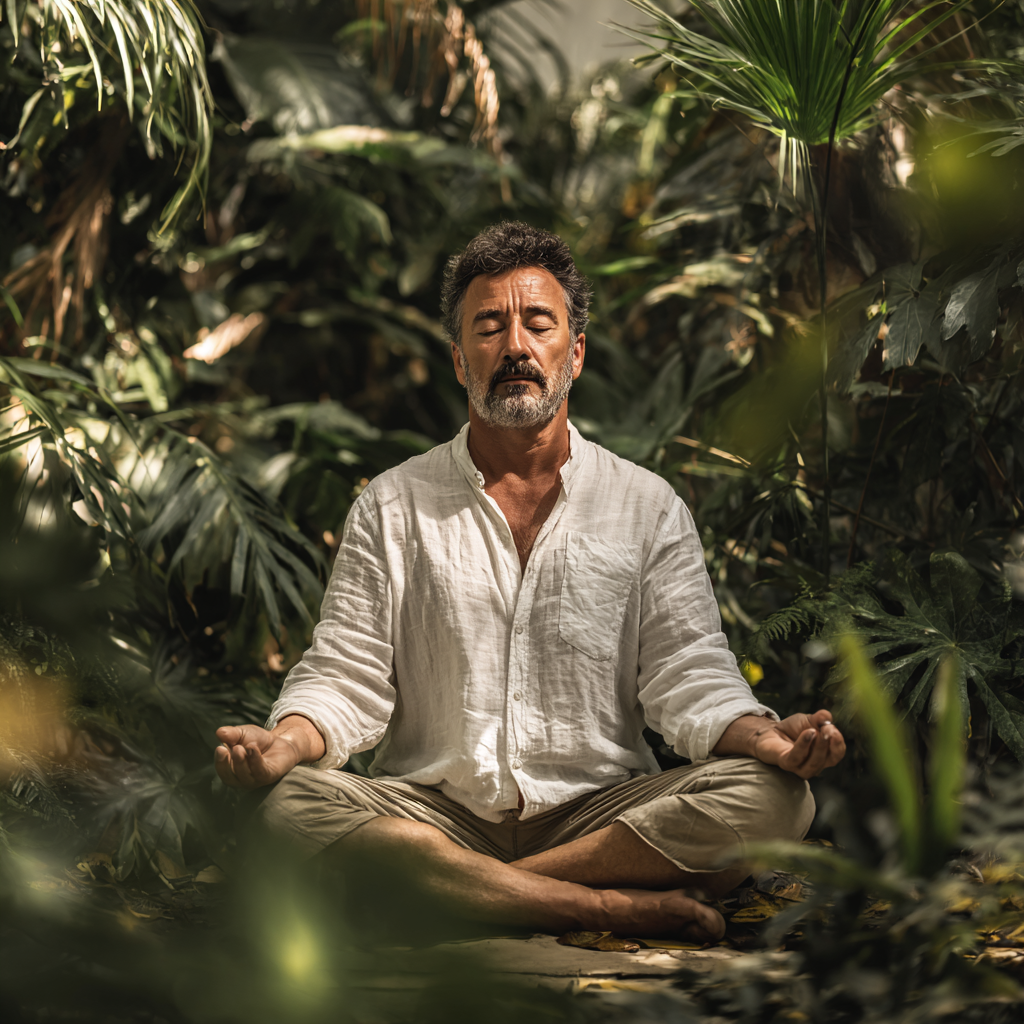 Мъж на 58 години медитира в лотус поза в природна обстановка, заобиколен от растения и мека светлина
