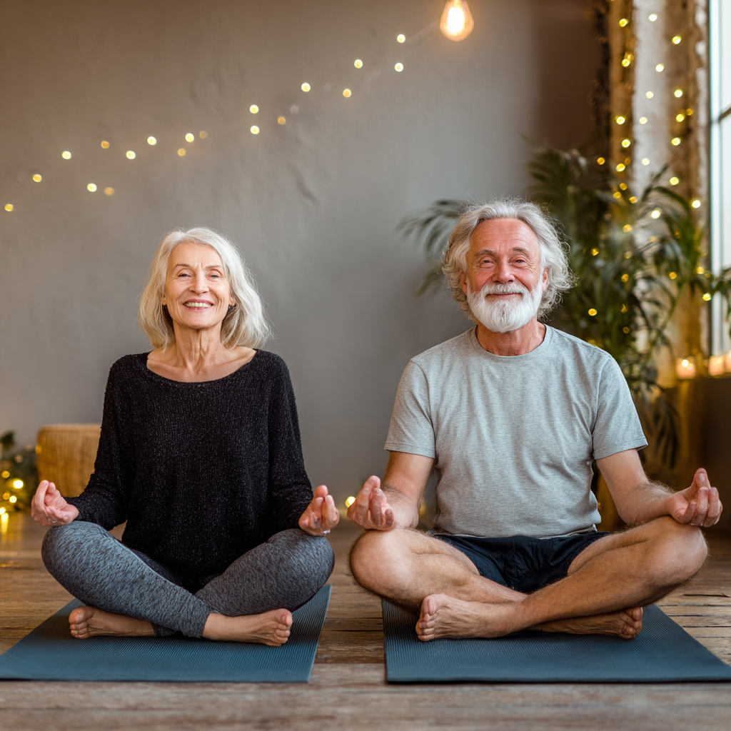 Двойка на възраст около 55 години практикуват началнически йога пози в уютна студия, с усмивки и спокойни изражения